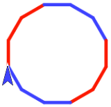 12-sided figure, sides alternating 3 red 3 blue