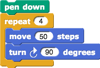 pen down, repeat 4 (move 50 steps, turn CW 90 degrees)
