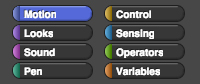 Motion palette categories: Motion, Looks, Sound, Pen, Control, Sensing, Operators, and Variables