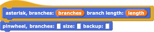 asterisk, branches:(branches) branch length:(length){pinwheel, branches: ( ) size:( ) backup:( )}