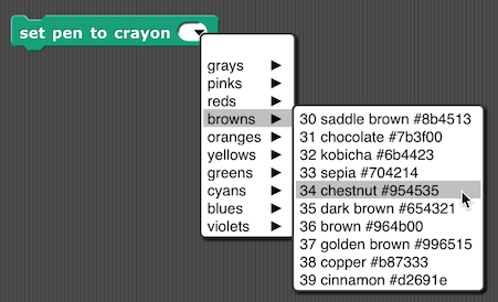 Set pen to crayon block with menu of color families, selecting "browns" and showing submenu of ten brownish named colors, highlighting "34 chestnut #954535"