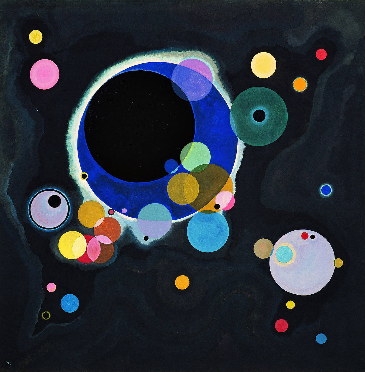 Painting by Kandinsky: overlapping circles of various colors on a black background; some circles are filled in with a solid color, some are filled in with a translucent color, others are just the outline of a circle with various outline thickness, some filled circles have a border of a different color; the black background has some variations in darkness