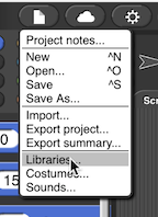 Snap! file menu, highlighting "Libraries..."