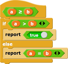 a ≥ b {if (a > b) {report true} else {report (a = b)}}