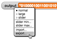 image of output watcher on stage storing a binary sequence with the drop-down menu open and  'export...' option selected