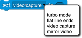 set [video capture] to 'predicate input slot' with menu open showing: turbo mode, flat line ends, video capture, mirror video