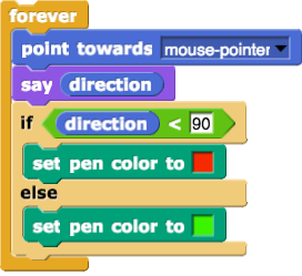 forever(point-towards(mouse-pointer)-say(direction)-if(direction-less-than-90)(set-pen-color(red))else(set-pen-color(green))