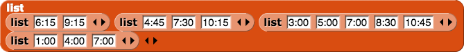 list {{6:15, 9:15}, {4:45, 7:30, 10:15}, etc.}