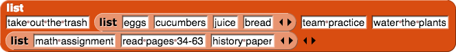list {trash, {eggs, cucumbers, juice, bread}, practice, plants, etc.}