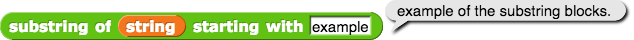 substring of (string) starting with (example) reporting 'example of the substring blocks.'