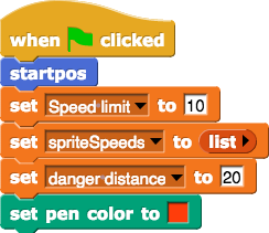 When-green-flag-clicked-initializer: startpos, set speed-limit to 10, set spriteSpeeds to (empty list) set danger-distance to 20, set pen color to bright red