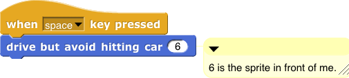 Script for sprite 5---When space key pressed, drive but avoid hitting sprite 6.