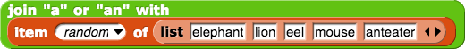 join-a-or-an-with(item(random)of(list-elephant-lion-eel-mouse-anteater)