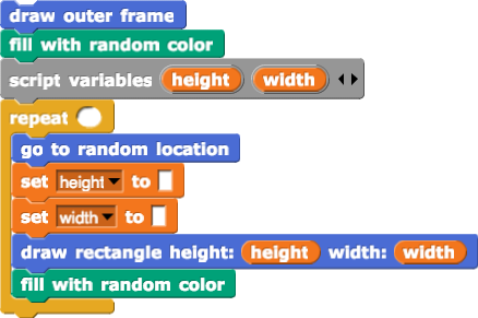 Draw outer frame (400 x 300); Fill with some color; Repeat many times; Pick random location, Pick random height and width for a rectangle that, at that location, won't extend beyond frame; Draw rectangle boundary in thick black line; Fill rectangle with random color