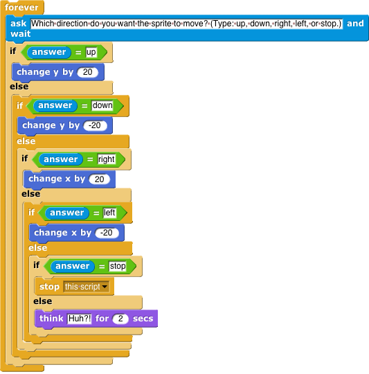 forever [ask (which direction do you want the sprite to move? Type up, down, right, or left and wait); if answer = up [go to x position, y position + 20] else if answer = down [go to x position y position - 20] else if answer = right [go to x position + 20 y position] else if answer = left [go to x position - 20 y position] else if answer = stop [stop all] else [think (huh?!) for 2 seconds] ]