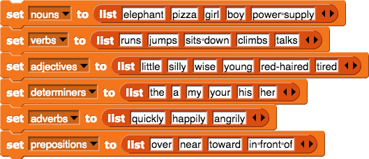 lists of nouns, verbs, etc.