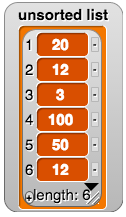 unsorted list {1:20, 2:12, 3:3, 4:100, 5:50, 6:12}