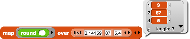 map (round ( )) over (list (3.14159) (87) (5.4)) reporting