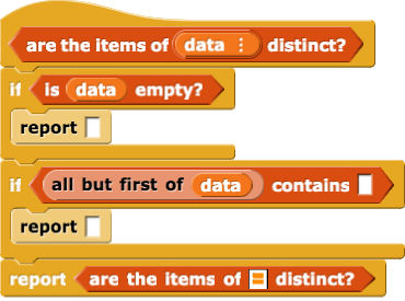 are the items of (data) distinct?
{
	if (is (data) empty?)
	{
		report ()
	}
	if ((all but first of (data)) contains ())
	{
		report ()
	}
	report (are the items of () distinct?)
}