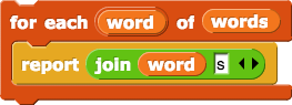 for each (word) of (words) {report ((join (word) (s)))} for each (word) of (words) {report ((join (word) (s)))}