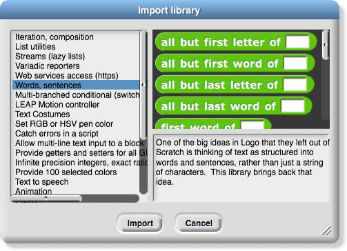 Snap! 'Import library' dialog box highlighting 'Words, sentences' library