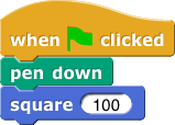 when greenflag clicked, pen down, square (100)