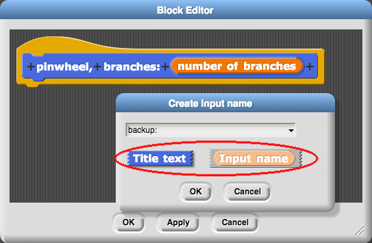 typing 'backup:' as Title text into Block Editor's Create input name window