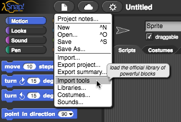 select 'Import tools' from the Snap! file menu