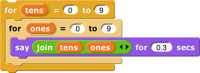 for (tens) = (0) to (9){ for (ones) = (0) to (9){ say (join (tens) (ones)) for (0.3) secs}}