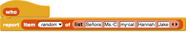 who reporter block definition: report (item (random) of (list (Señora) (Ms. C) (my cat) (Hannah) (Jake)))