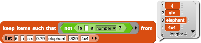 keep items such that (not(is () a (number)?)) from {5, :), six, 7, elephant, 3} reporting {5,7,3}