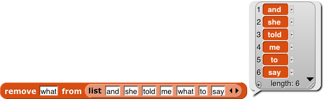 remove (what) from (list and she told me what to say) -> {and, she, told, me, to, say}