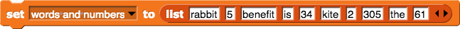 set (words and numbers) to {rabbit, 5, benefit, is, 34, kite, 2, 305, the, 61}