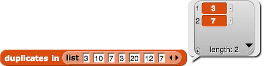 duplicates in (list{3,10,7,3,20,12,7}) reporting {3,7}