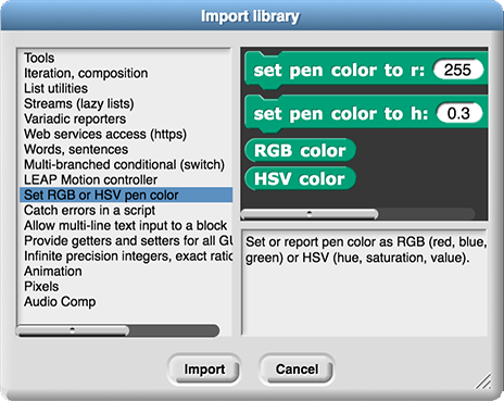 Snap! 'Import library' dialog box highlighting 'Set RGB or HSV pen color' library