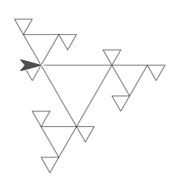 Triangle fractal level 3 drawing: triangle with 3 smaller triangles on its vertices each of which in turn have 3 smaller triangles on their vertices