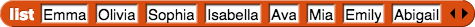 list{Emma, Olivia, Sophia, Isabella, Ava, Mia, Emily, Abigail} list{Emma, Olivia, Sophia, Isabella, Ava, Mia, Emily, Abigail}