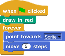 when flag clicked, draw in red, forever (point toward Sprite, move 5 steps)