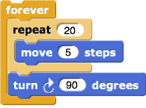 Forever [repeat (20) [move (5)], turn (90)]