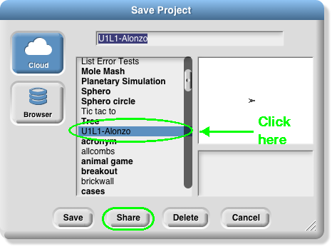 select the file from the list, then click share