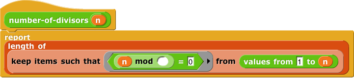 number-of-divisors: length of keep items such that ((n mod __) = 0) from (values from 1 to n)