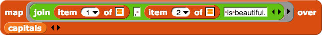 map (join (item (1) of ()) (, ) (item (2) of ()) ( is beautiful.)) over (capitals)