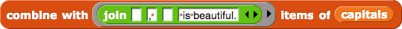 combine with (join () (, ) () ( is beautiful.)) items of (capitals)