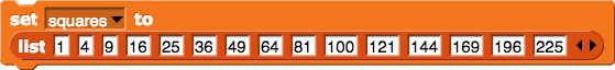 set (squares) to {1, 4, 9, 16, 25, 36, 49, 64, 81, 100, 121, 144, 169, 196, 225}