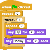 when greenflag clicked, repeat (0) [repeat (3) [repeat (2) [say (Hip) for (2) secs], say (Hooray!) for (2) secs]]