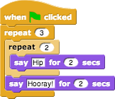 when greenflag clicked, repeat (3) [repeat (2) [say (Hip) for (2) secs], say (Hooray!) for (2) secs]