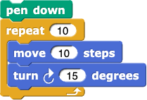 pen down; repeat (10) {move (10) steps; turn right (15) degrees}