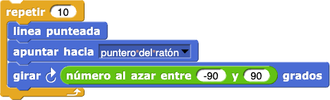 repetir (10): {línea punteada; apuntar hacia
			(puntero del ratón); girar a la derecha (número al azar entre (-90) y
			(90) grados)}