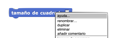 tamaño de cuadrado con menú abierto con opción de ayuda