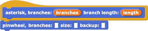 asterisk, branches:(branches) branch length:(length){pinwheel, branches: ( ) size:( ) backup:( )}
